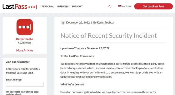 LastPass CEO Karim Toubba disclosed its breach in a blog post update.