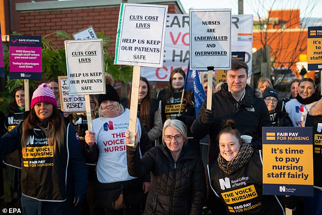 Striking nurses picket outside the Walton Centre in Liverpool on February 6