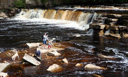 Woman with children and dog at the falls