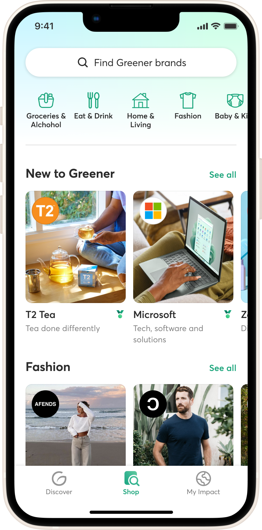 Graphical interface of the Greener app