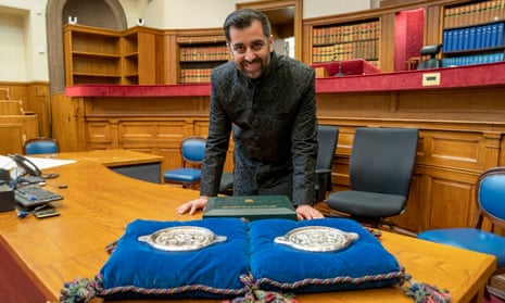 Humza Yousaf with the Great Seal of Scotland after being sworn in as first minister at the Court of Session in Edinburgh today.