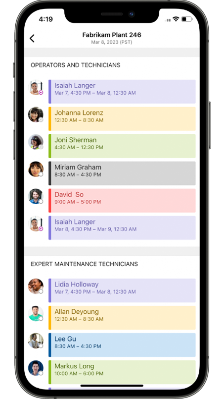 Microsoft Teams Shifts connector preview showing how a manufacturing worker can view other employees’ shifts.