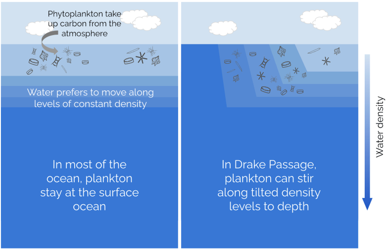 Side-by-side graphics show (1) the typical ocean density layers and (2) the sloped density layers in the Drake Passage.