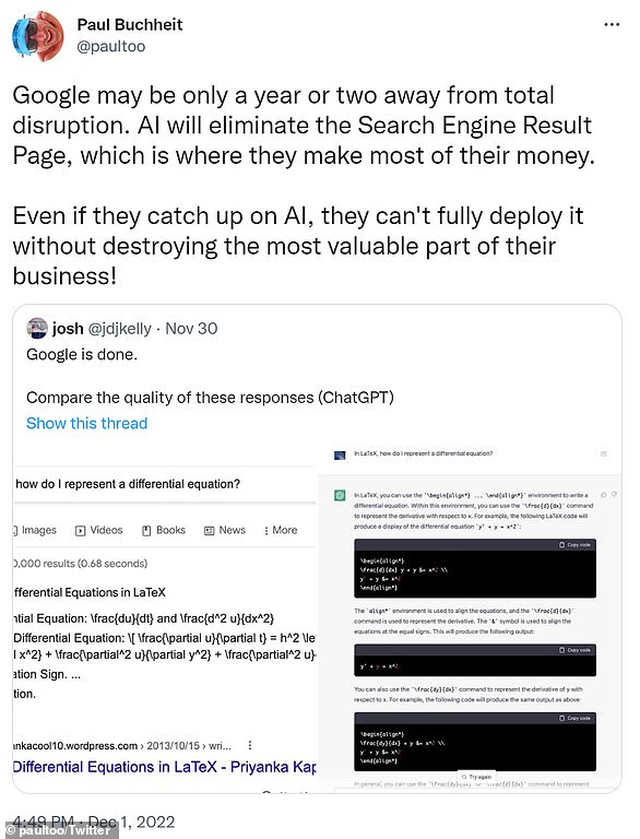 In December, Gmail developer Paul Buchheit predicted that 'AI will eliminate the search engine result page' and cause 'total disruption' for Google