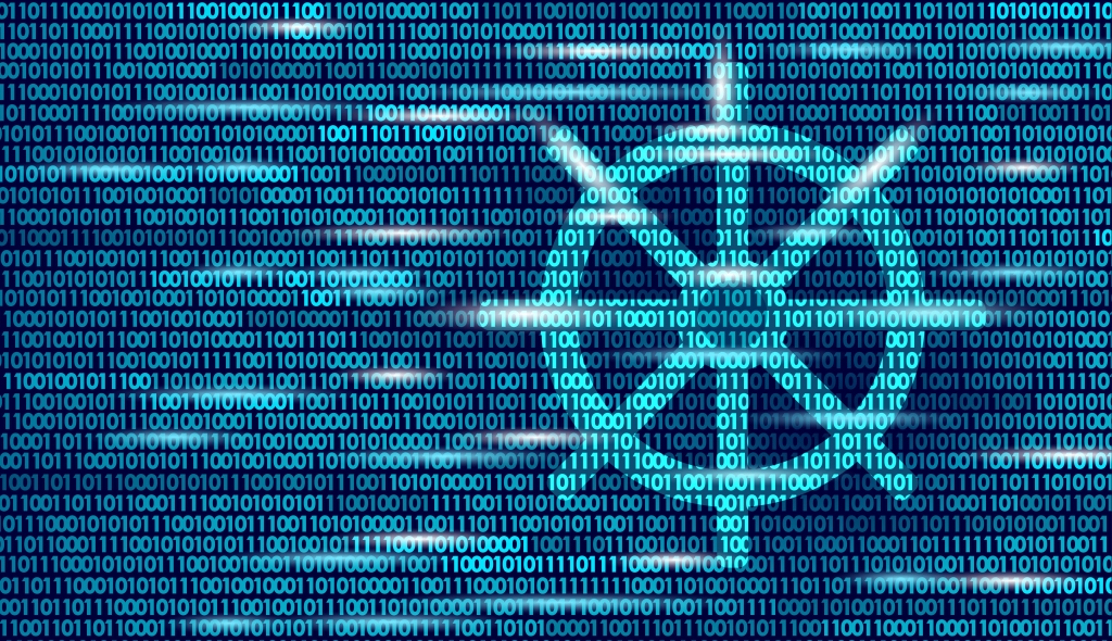 Wheel helm on container computer developer app concept. Business digital open source program. Data coding steering numbers flow vector line illustration.