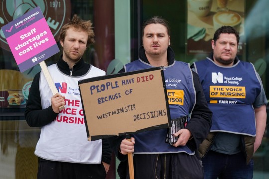 Members of the Royal College of Nursing union on the picket line outside Queen Elizabeth hospital in Birmingham as nurses take industrial action over pay. Picture date: Monday May 1, 2023. PA Photo. See PA story INDUSTRY Strikes. Photo credit should read: Jacob King/PA Wire