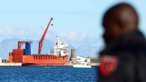 Russian roll-on/roll-off container carrier ‘Lady R’ docks at Simon’s Town Naval Base, in Cape Town, South Africa, December 7, 2022