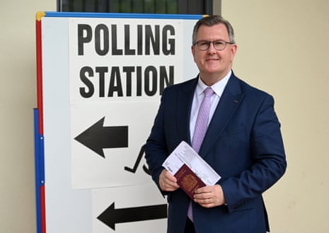 Sir Jeffrey Donaldson, the DUP leader, casting his vote in the Northern Ireland council elections in Dromore, Northern Ireland.