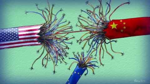 Illustration of three cables, one wrapped in the the US flag, one in the Chinese flag, and the third, smaller cable in the EU flag, with wires coming out of them