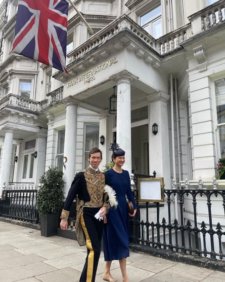 Rory Stewart in his Privy Counsellor’s uniform on his way to attend the king’s coronation, accompanied by his wife, Shoshana Clark.