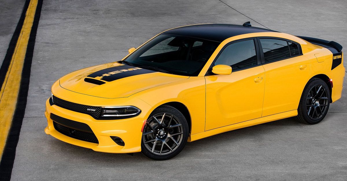 Yellow 2017 Dodge Charger Daytona Muscle Car parked 