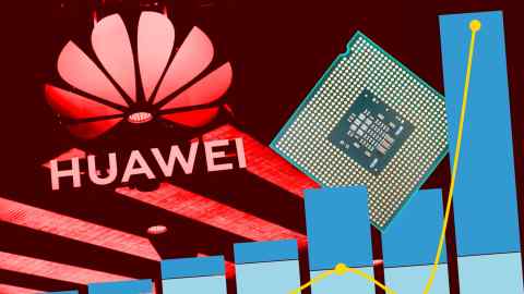 Montage of a Huawei logo, a semiconductor and a graph