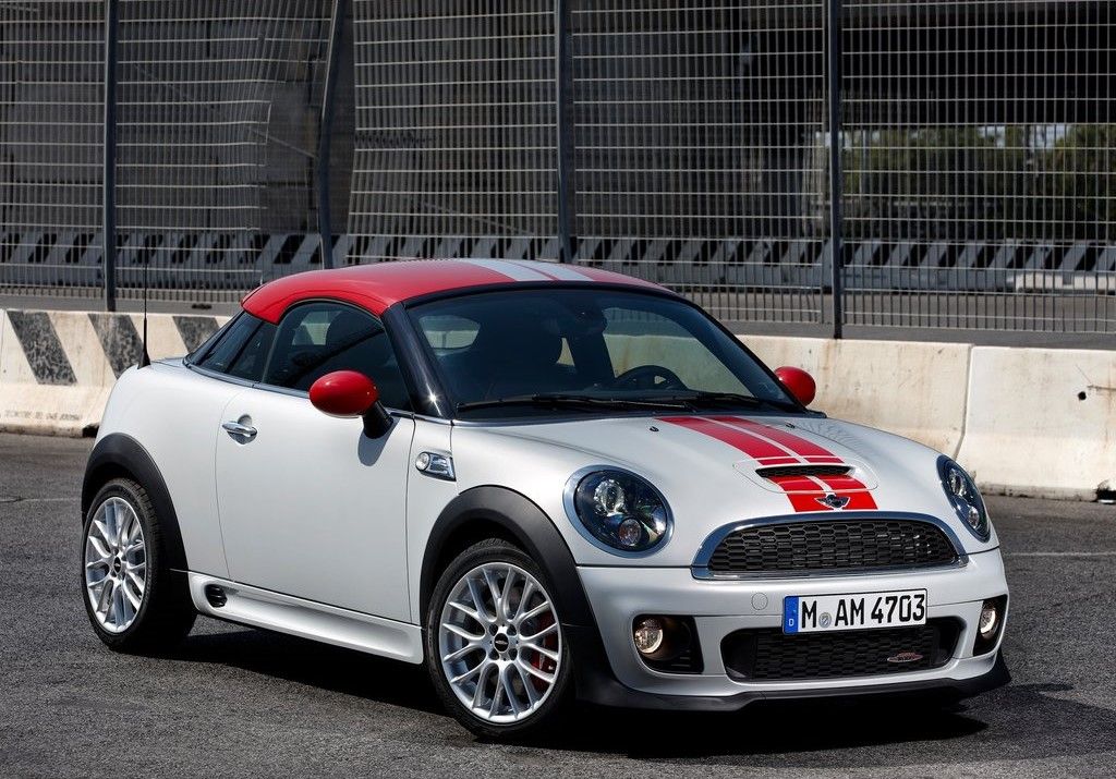 MINI Coupe John Cooper Works white and red performance car parked