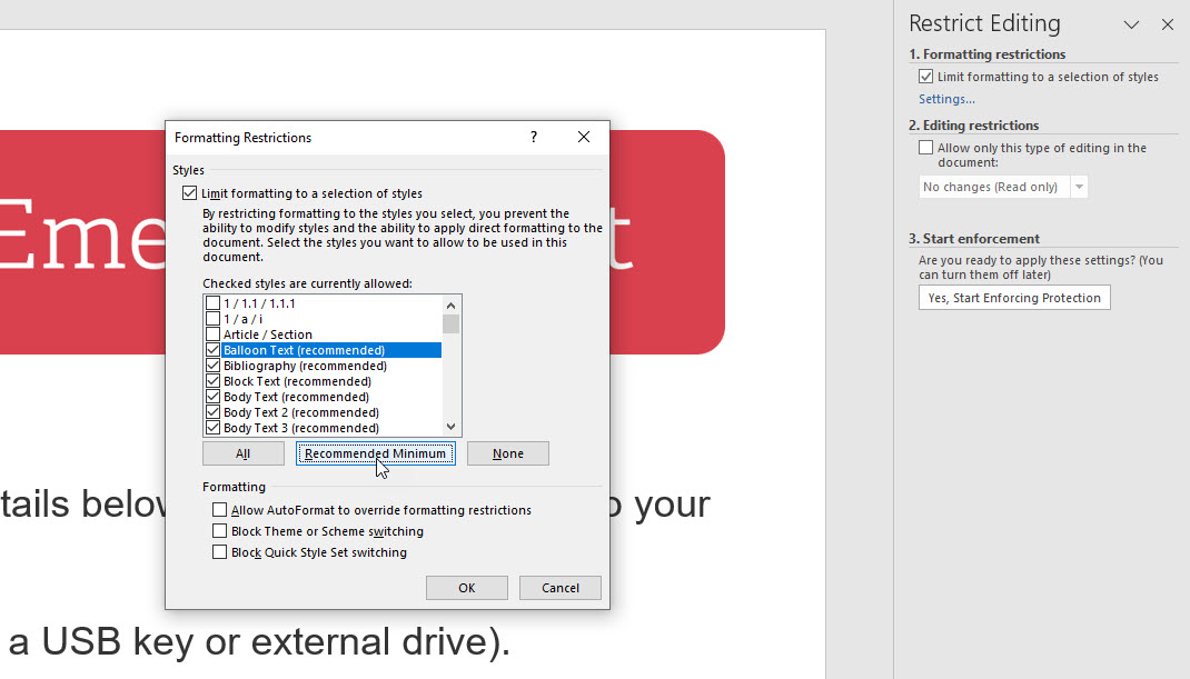 Microsoft Word's settings for Formatting Restrictions.