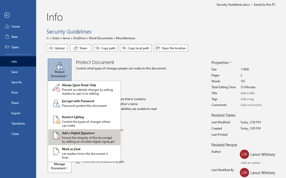 Microsoft Word's Add a Digital Signature option.