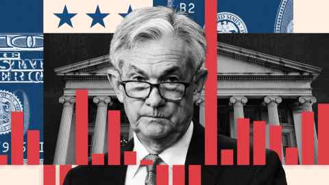 Montage of head and shoulders of worried-looking Jay Powell, against a backdrop of the fed building, and bar chart lines