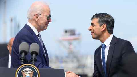 Joe Biden with Rishi Sunak at a meeting in San Diego, California, in March