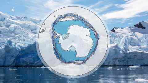 Photo of the front of the Sheldon glacier in Antarctica with map of sea ice extent overlaid on top