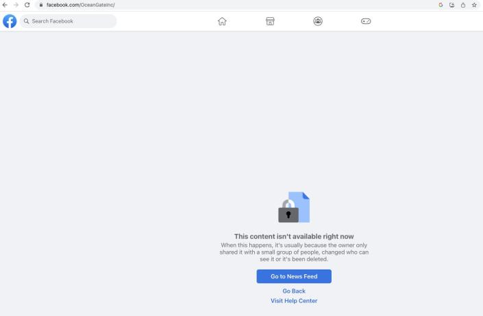 A screenshot from OceanGate&#39;s Facebook page that shows that the page is unavailable.