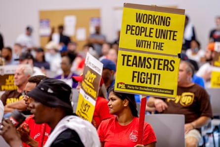 Teamsters participate in a rally ahead of a possible strike against UPS in Atlanta, Georgia, on 22 July 2023.