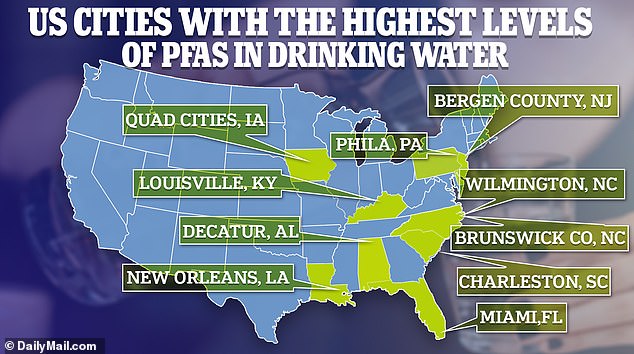 The cities depicted on the map are just a handful of many that have been identified as having higher concentrations of PFAS in the public water supply and private wells. Information comes from the Environmental Working Group