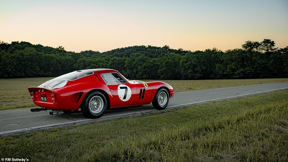 This engine in the 250 GTO is its third, showing internal number 670/62E. This three-litre V12 motor had originally been used as a developmental engine for another Ferrari racer and was paired with a 250 GTO specification five-speed gearbox