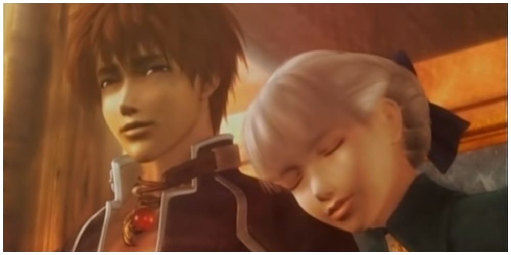 Alice resting her head on Yuri's shoulder in Shadow Hearts