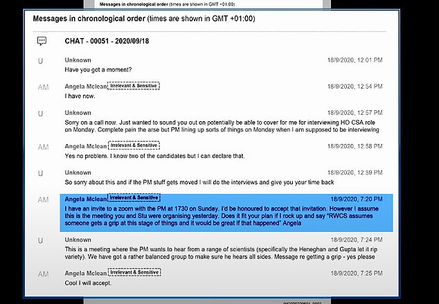 Email exchanges between Sir Patrick and Dame Angela, shown to the inquiry today, reveal the meeting, which was also attended by Mr Sunak, Mr Johnson and Sir Patrick, was held so Mr Johnson could hear 'all sides' from a 'balanced group'. This included Oxford University professors Sunetra Gupta and Carl Heneghan, from the 'let it rip variety', Sir Patrick wrote at the time, understood to mean those against imposing lockdowns