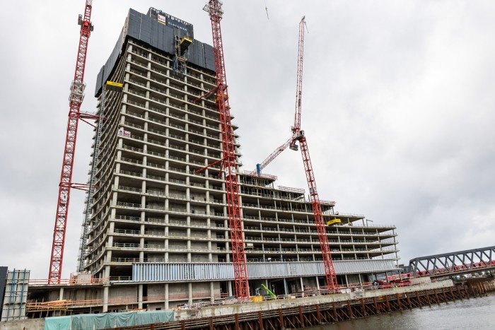 Cranes surround the under-construction Elbtower in Hamburg