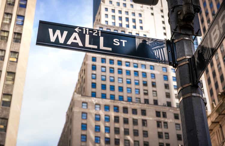 Wall Street sign in Lower Manhattan, NYC
