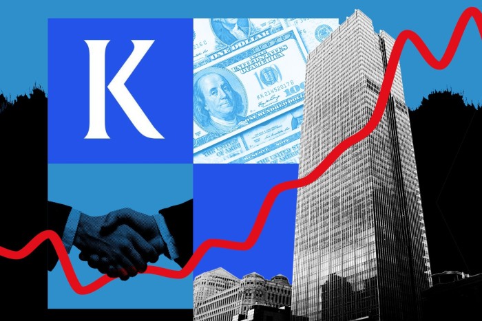 Kirkland & Ellis’s K logo, a handshake, dollars, the law firm’s Chicago headquarters and a line showing the number of capital funds it advises