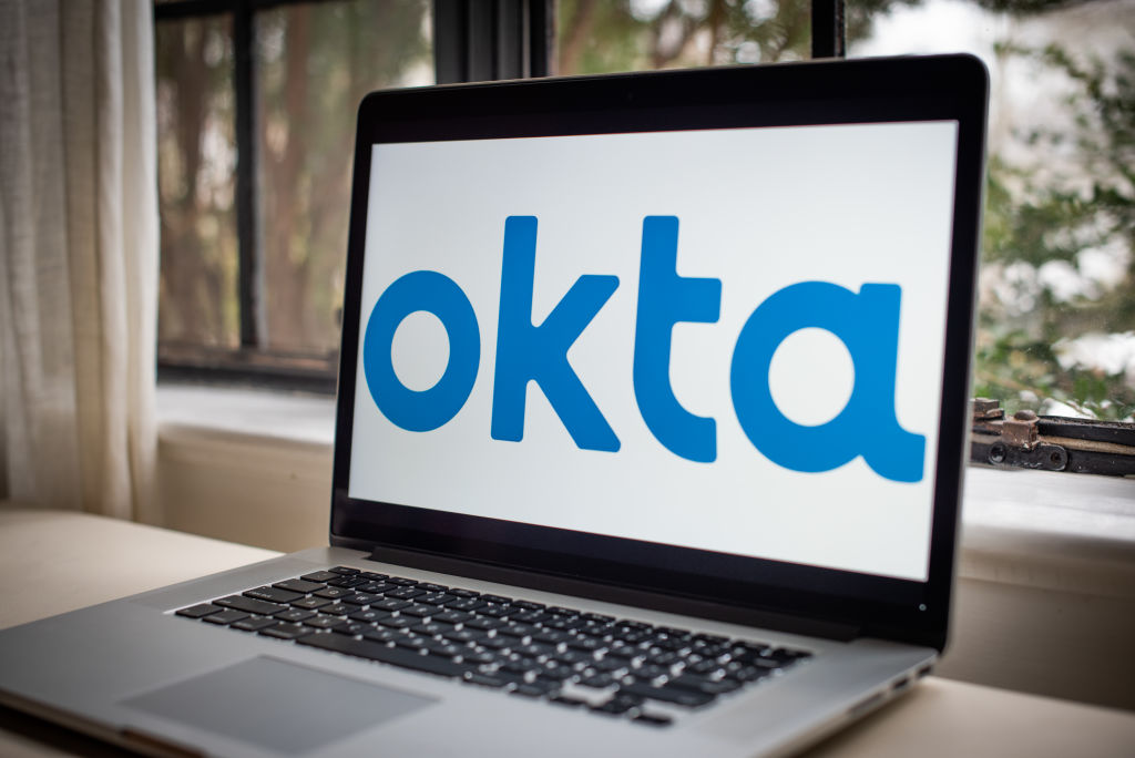 The Okta Inc. logo on a laptop computer arranged in Dobbs Ferry, New York, U.S., on Sunday, Feb. 28, 2021. Okta Inc. is scheduled to release earnings figures on March 3. Photographer: Tiffany Hagler-Geard/Bloomberg via Getty Images