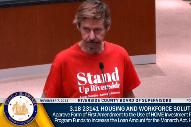 Stand Up Riverside member Roy Bleckert, seen in a screen grab, speaks Tuesday, Nov. 7. 2023, to the Riverside County Board of Supervisors. (Courtesy of Riverside County)