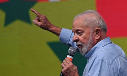 The President of Brazil, Luiz Inacio Lula da Silva, speaks during the Christmas celebration of recyclers and homeless people at the recycling cooperative fair at the Mane Garrincha Stadium in Brasilia, Brazil, 22 December 2023.