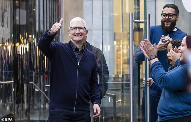 Apple CEO Tim Cook made a celebratory appearance during the Vision Pro's launch at an Apple Store in New York, Friday, February 2, 2024. DailyMail.com tested the new headset at the SoHo Apple store further downtown