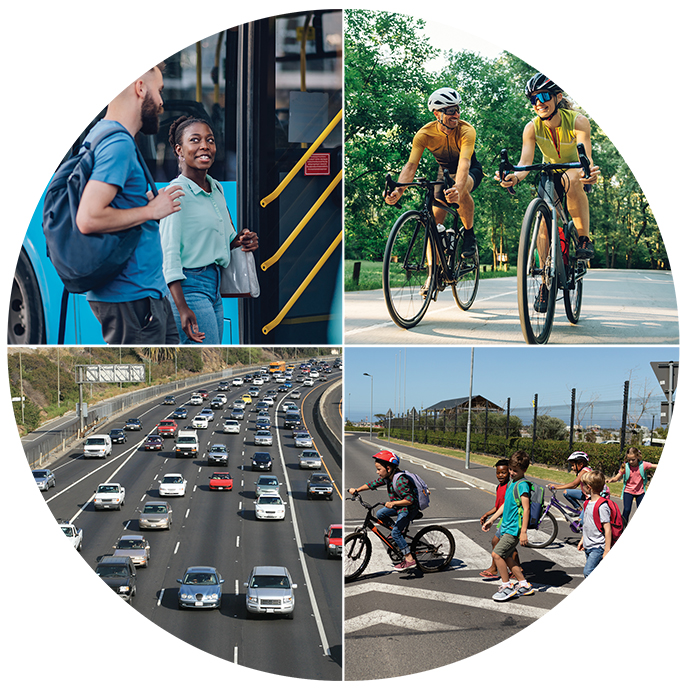 Transportation collage of people boarding a bus, walking across the street, riding bikes and driving