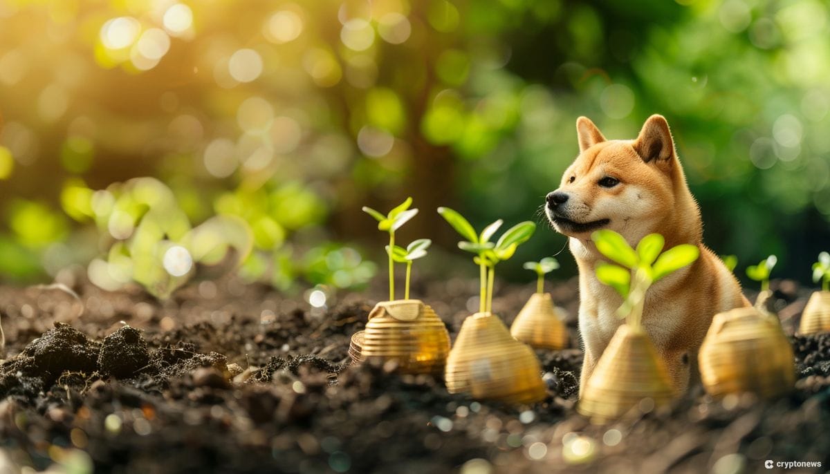 A Shiba Inu dog, who represents the Dogecoin community, looking out into the distance surrounded by greenery, representing how Dogecoin community members are eyeing a new green AI ICO called eTukTuk.