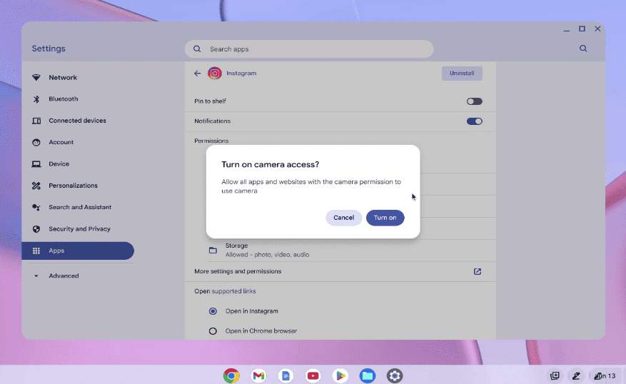 Instagram camera access ChromeOS