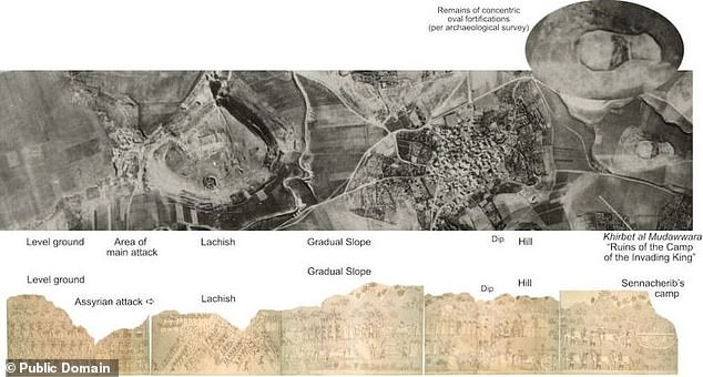 King Sennacherib who ruled the Assyrian Empire from 705 to 681 BC laid siege on Jerusalem to capture all paths leading to the Mediterranean Sea. Pictured: (Top) A 1930s aerial image of Jerusalem (Bottom) The drawings found on Sennacherib's palace wall