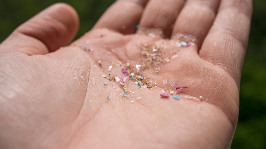 A person holding microplastics gathered from the ocean in his hand. The concept for plastic pollution and climate change.; Shutterstock ID 2330159395; purchase_order: -; job: -; client: -; other: -