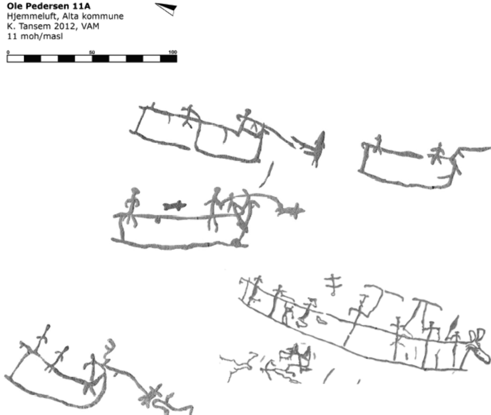 Carvings of possible skin boats in Alta rock Carvings, Norway