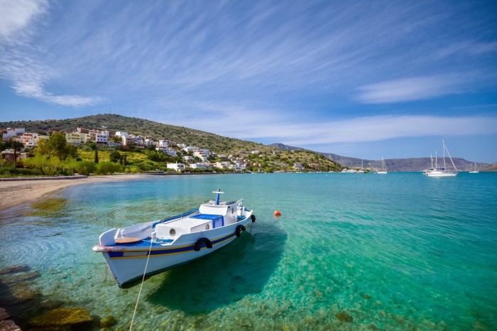 Boats and yachts in the gulf of Elounda near Spinalonga, Crete