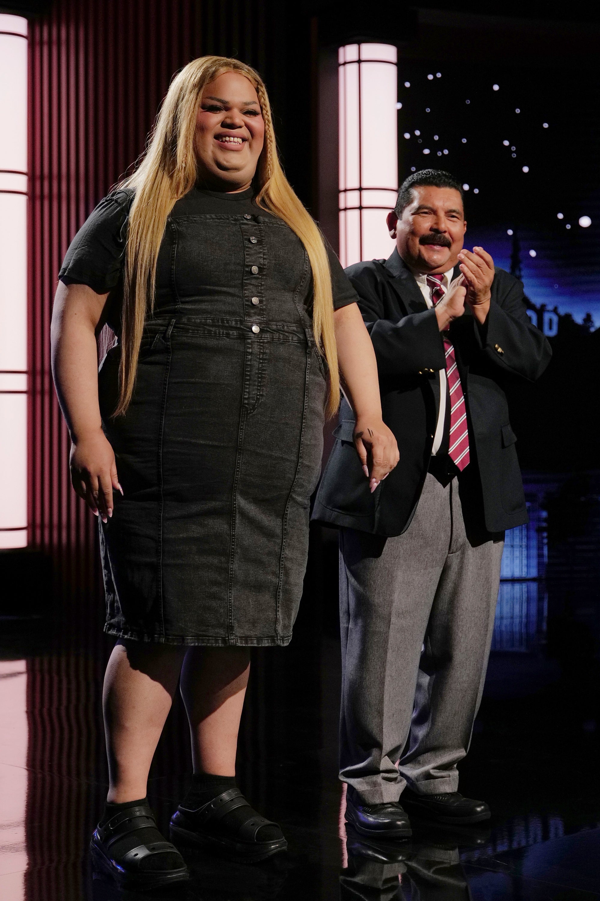 TikTok creator Jools Lebron, left, with talk show personality Guillermo Rodriguez on the set of ‘Jimmy Kimmel Live!’