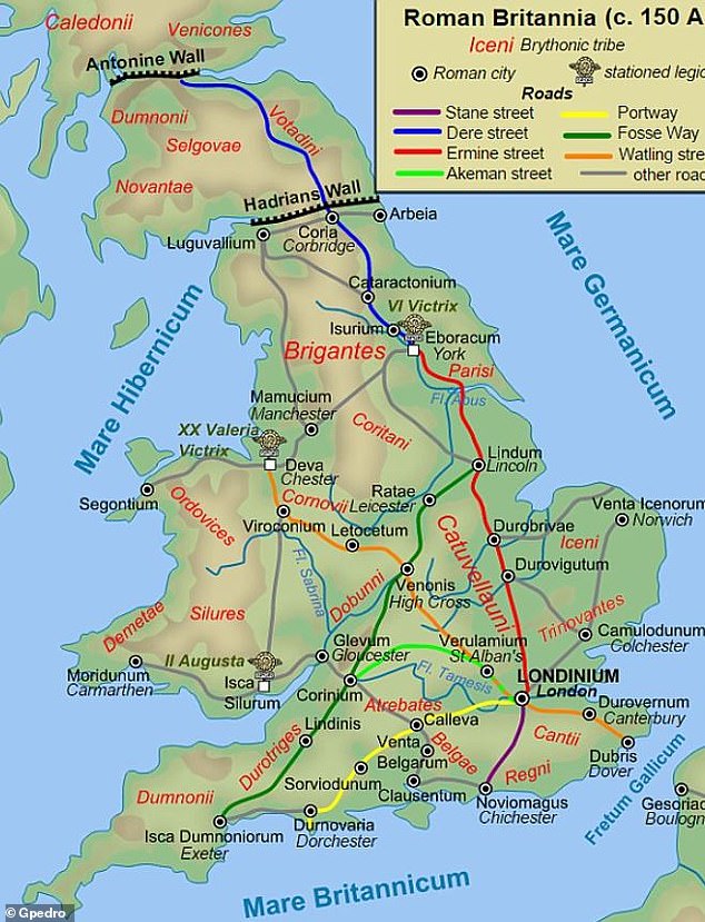 The Roman Army created highways during the four centuries Britain was under the rule of the Roman Empire. From 43 to 410 AD, it is thought the army created 2,000 miles (3,200km) of surfaced roads across the UK (map pictured)