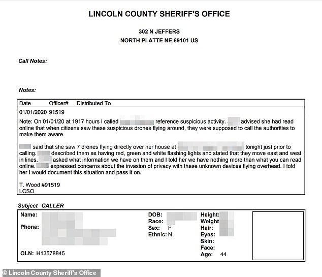 In one 911 call report, obtained by DailyMail.com, a resident of Lincoln County told police she witnessed 'seven drones flying directly over her house' and the 'suspicious drones' moved 'east and west' in coordinated fashion. Lincoln is southwest of Chief Groom's own county