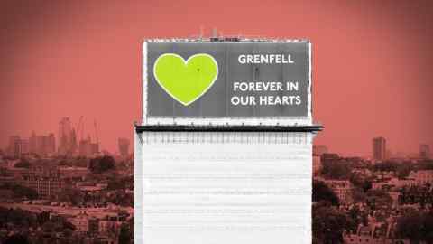 Montage image of a red skyline and a sign with a green heart and the words ‘Grenfell forever in our hearts’