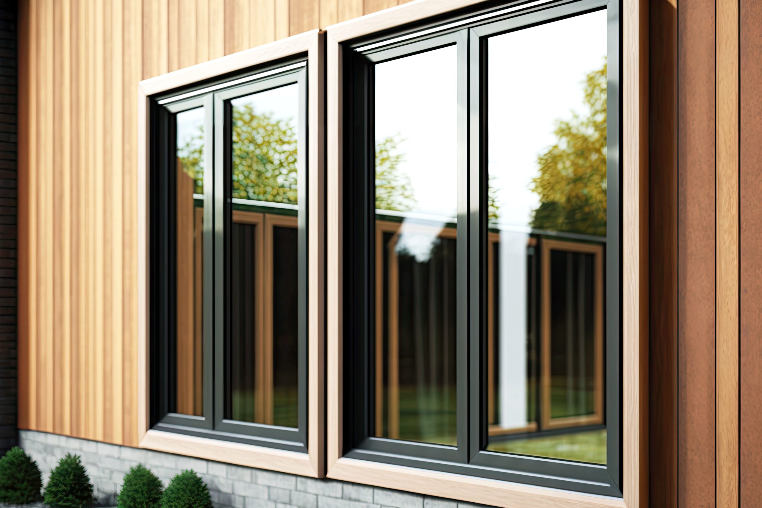 clean modern aluminium windows with double glazing on wooden wall, generative ai