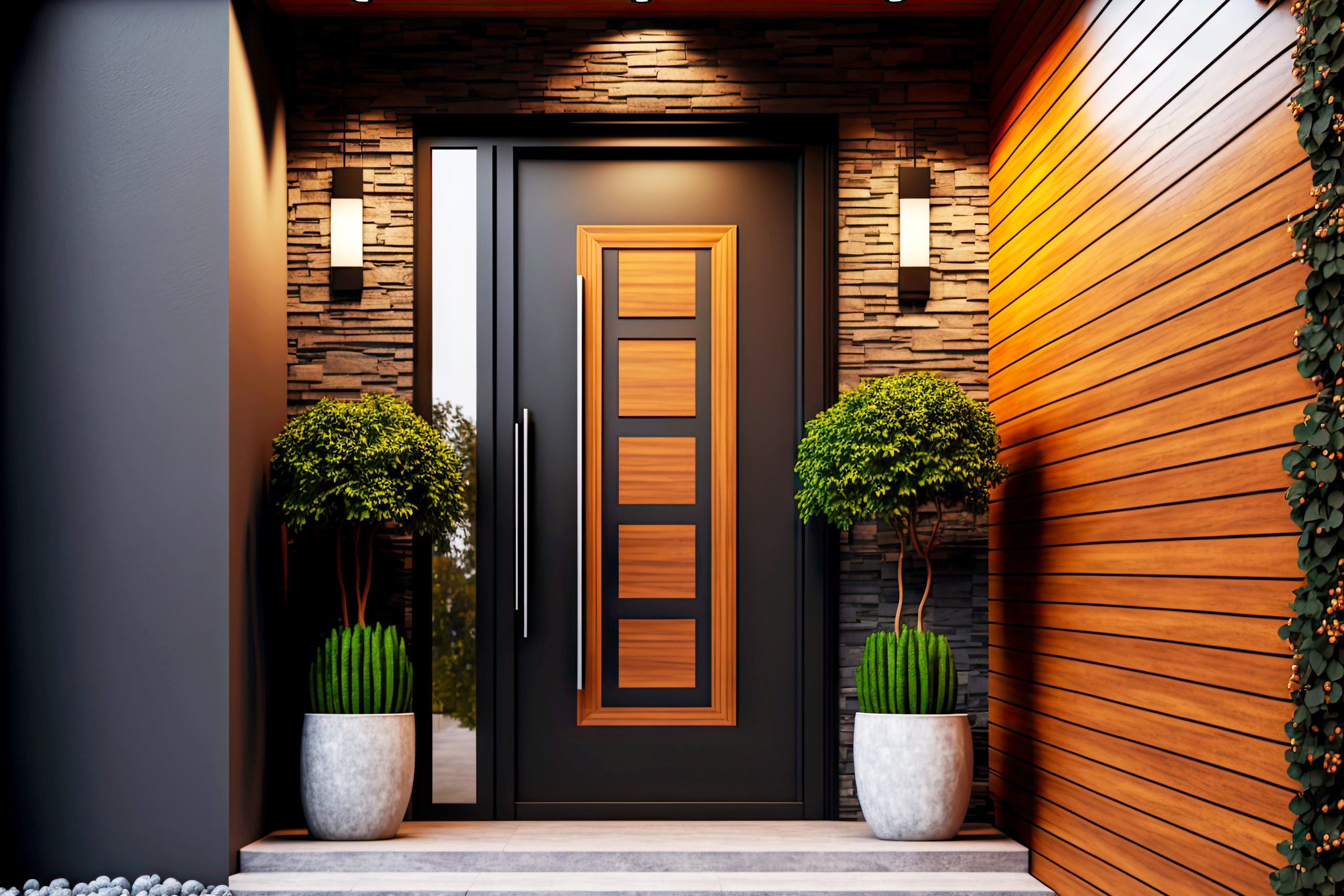 modern entrance door of house with wooden elements and black trim