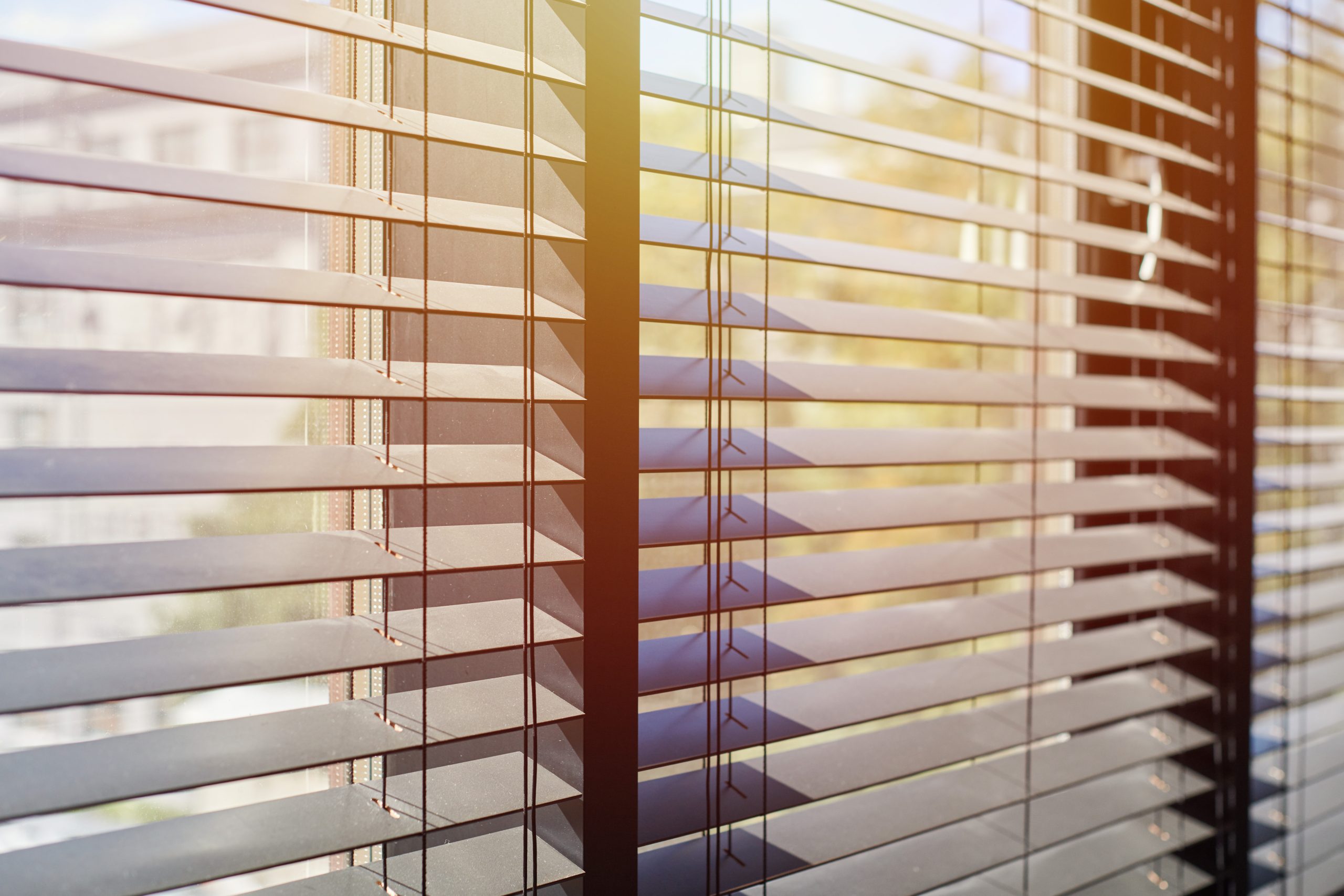 Office blinds. Modern wooden jalousie. Office meeting room lighting range control.