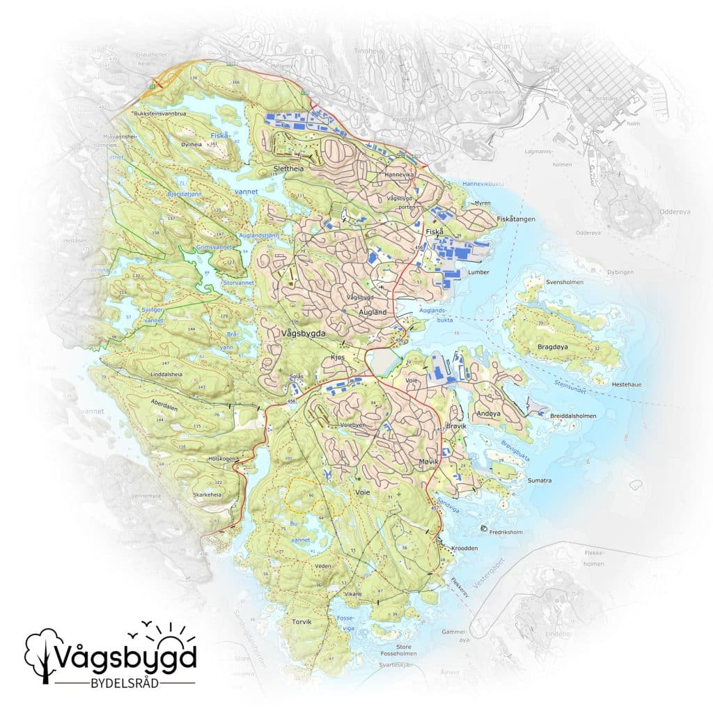 Kartutsnitt. Vågsbygs bydel defineres som området sør for E39, fra Hannevika til gamle kommunegrensa mot Søgne, ned til kysten. 